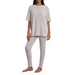 Mulheres sleepwear sólido casa 2pcs pijamas mulheres cor com nervuras malha manga curta tripulação pescoço tops com calças de cintura elástica loungewear