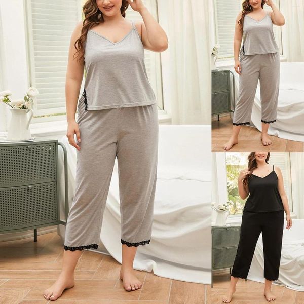 Ropa de dormir para mujer Conjunto de pijamas de encaje de talla grande sólido Tirantes transpirables Ropa de dormir para mujer Primavera Otoño Verano Pijama Traje de lujo