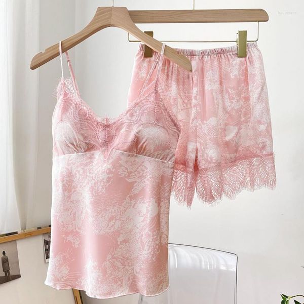 Ropa de dormir para mujer Correa de espagueti Pijamas Sexy Estampado rosa Flor Encaje Pijamas Traje Mujer Verano Lencería íntima Seda Satén Ropa para el hogar