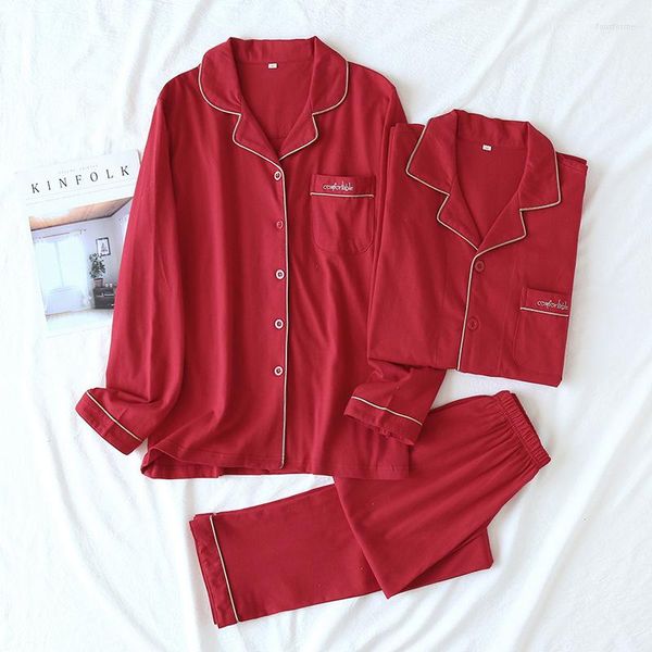 Vêtements de nuit pour femmes printemps et automne Couple pyjama en tricot pantalon à manches longues deux pièces coton rouge costume de Service à domicile pour hommes