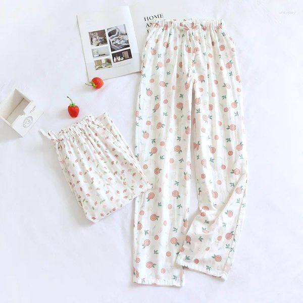 Ropa de dormir para mujer, pantalones de primavera y otoño para mujer, pantalones de pijama finos de gasa de algodón, ropa de casa informal de dibujos animados, pantalones bonitos de talla grande