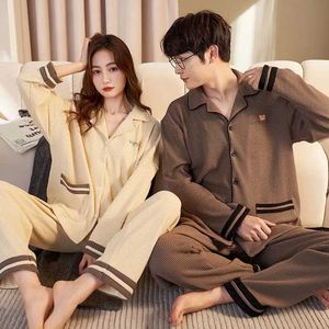 Dames slaapkleding lente en herfst Long-mouwen Koreaans Cardigan Cotton Sleepwear Tweedelige set Casual V-hals koppels Pyjama's Pyjama's Pajama Man Q240528