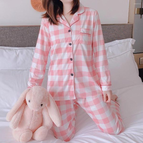 Vêtements de nuit pour femmes printemps et automne à manches longues pur coton pyjamas Cardigan série à carreaux deux pièces ensemble étudiants mignon Sweet Home W