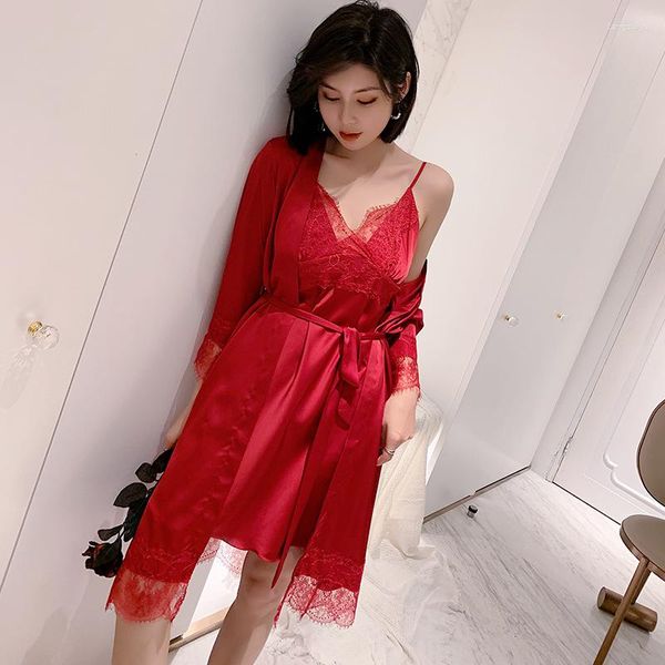 Vêtements de nuit pour femmes printemps et automne pyjamas d'été en soie glacée ensemble sexy à manches longues mince rouge édition coréenne chemise de nuit maison fureur