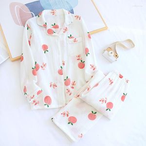 Vêtements de nuit pour femmes printemps et automne grande taille pyjamas pour femmes deux pièces pantalons à manches longues coton crêpe service à domicile frais Simple