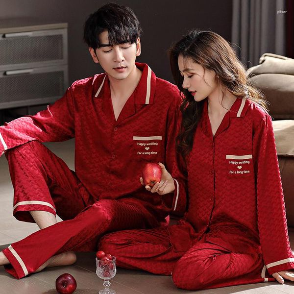 Ropa de dormir para mujer, ropa de hogar de seda para primavera y otoño, conjuntos de pijamas sexys de satén suave para parejas, pijamas con botones cómodos