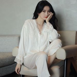 Vêtements de nuit pour femmes printemps et automne blanc col en v dentelle pyjamas maison vêtements femmes à manches longues haut pantalon deux pièces costume pyjama