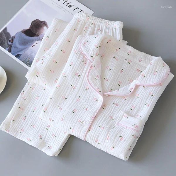 Ropa de dormir para mujer Primavera y otoño Ropa de hogar de manga completa Suelta 2 piezas Conjunto de pijama Gasa Algodón Estampado informal Camisa para dormir Ropa para el hogar Mujer XL