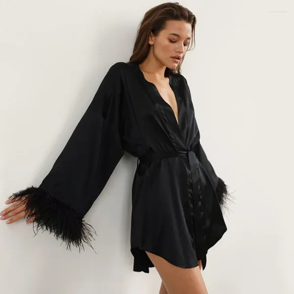 Vêtements de nuit pour femmes Printemps et été Plume d'autruche Pyjama à manches longues Cardigan Soie artificielle Peignoir noir Homewear pour dames