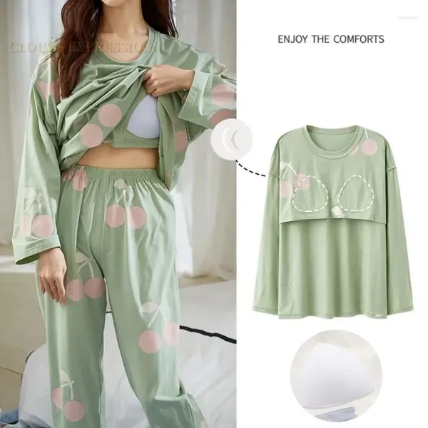 Vêtements de nuit pour femmes Printemps Automne Coton Pyjama Ensembles Femmes Élégantes Pyjamas Buste Rembourré Loungewear Pijama Mujer Femme Vêtements De Nuit Homewear