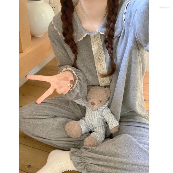 Ropa de dormir para mujer Primavera Otoño Gris Conjunto de pijama sólido de un solo pecho de encaje con volantes Cuello de muñeca Camisón Dulce Princesa Pantalón de algodón S445