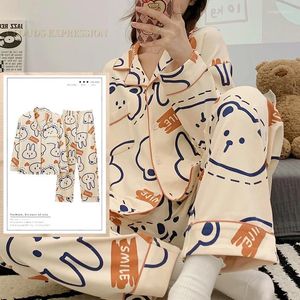 Vêtements de nuit pour femmes Spring Automne Knttted Femmes Pyjamas Ensembles Revers Funny PJS Cartoon Plaid Homewear Fille Pijamas Mujer Pyjama 3XL Mode