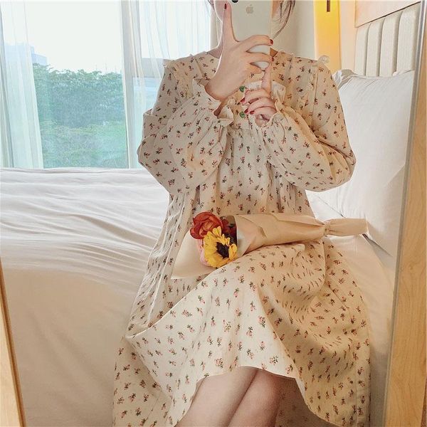 Ropa de dormir para mujer primavera otoño coreano encantador camisón Floral mujer algodón encaje manga larga princesa viento camisón ropa de casa