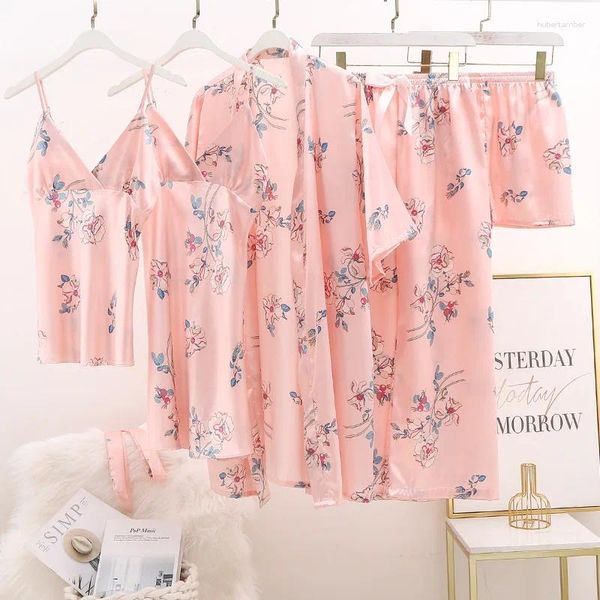 Vêtements de nuit pour femmes au printemps automne pyjama rose dame sweet flower imprimer à la maison wets sexy en V-coude à col