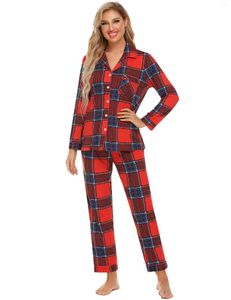 Dames slaapkleding Spring herfstvrouw 2 -delige sets kerstpyjama's voor vrouwen plaid lange mouwen top en broek