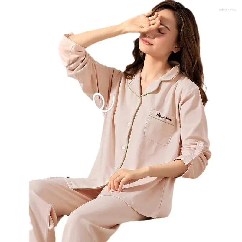 Pijamas femininos primavera outono mulher pijamas conjunto de algodão sólido homewear roupas de enfermagem