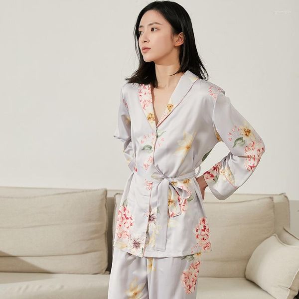 Vêtements de nuit pour femmes Spring Automne Femmes Nightwear Sleep Set Lingerie Intime 2PCS Pyjama Costume Imprimer Fleur Satin Casual Pyjamas Homewear