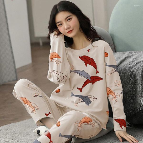 Vêtements de nuit pour femmes printemps automne femmes polyester pyjamas à carreaux dessin animé ensemble long service à domicile femmes lâche costume décontracté grande taille 5XL