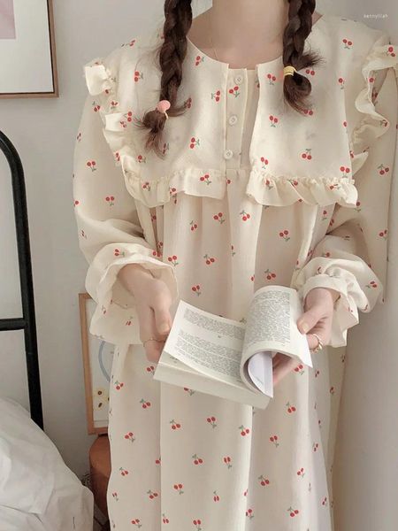 Pyjama Lolita imprimé cerise coréen pour femmes, vêtements de nuit, chemise de nuit, manches longues, pull à volants, vêtements de maison, printemps