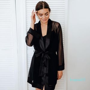 Women's Nachtkleding Lente Lange Mouw Robe Sets Satijn Sexy Zien door Mesh Nightwear Black Night Dress Dames Pyjama