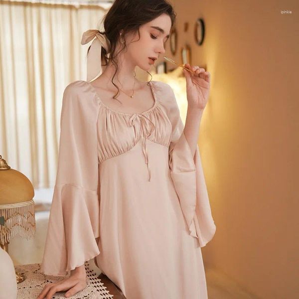 Ropa de dormir para mujer Camisón de primavera Mujeres Seda de hielo Manga larga Suelta Elegante Retro Camisones Pijama Sleepshirt Home Vestido