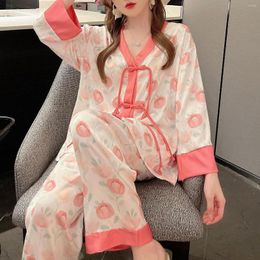 Dames slaapkleding Spring Pyjama Set Women Print Pyjama's Pak V-Neck met lange mouw broek Nightwear Casual Silky Satin Home Wear