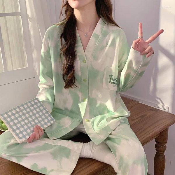 Pyjama de printemps Sexy pour femmes, col en V, manches longues, doux et confortable, en coton, ensemble de 2 pièces
