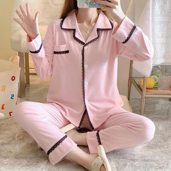 Ropa de dormir para mujer, traje de pijama de primavera, ropa de casa para mujer, 2 uds., camisa, pantalones, conjunto de pijamas de otoño con cuello vuelto, ropa de dormir, lencería PJS