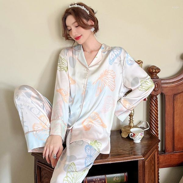 Pijama de primavera para mujer, pijama de satén con estampado de seda helada, traje de manga larga, Pijama fino informal suelto para el hogar