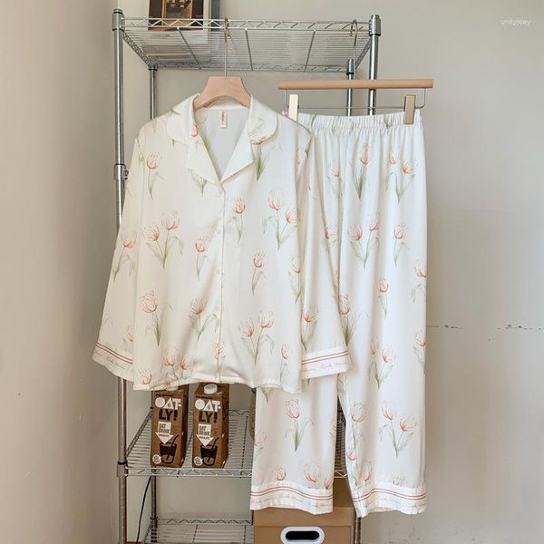 Ropa de dormir de primavera para mujer, camisa de manga larga de seda helada, pantalones, pijama de satén con estampado Floral, ropa de dormir de dos piezas para el hogar