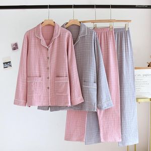 Vêtements de nuit pour femmes printemps/été pyjama en coton à carreaux double couche pur fil respirant décontracté pantalons à manches longues maison costume amoureux