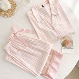 Dames slaapkleding Spring zomer Vrouwelijke pyjams Set Sweet Pink Stripe Lange Mouw Trouser Suits Casual Silk Satin Home Wear Pijama's