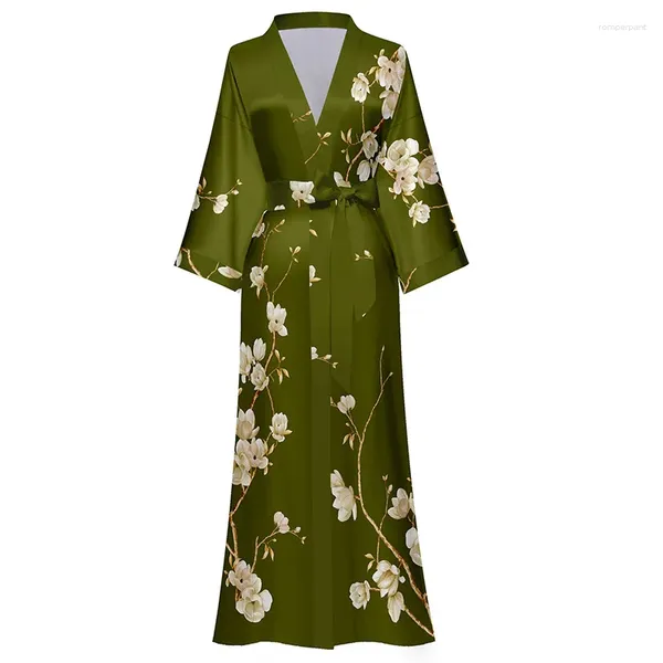 Ropa de dormir para mujer Primavera Verano Verde Estampado floral Satén Bata larga Camisón Kimono Albornoz Vestido Mujer Sexy Rayón Vestido para el hogar Ropa de salón