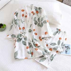 Vêtements de nuit pour femmes Printemps/Été Kimono japonais Pyjamas en coton pour femmes Deux pièces Troisième trimestre Sommeil Voyageur Ensemble de services familiaux lâches pour femmes 230408