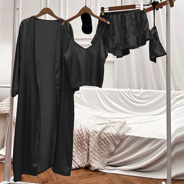 Vêtements de nuit pour femmes Printemps Été Femmes Vêtements de maison Sexy 4PCS Pyjamas Costume de nuit Lingerie intime Casual Black Sleep Set Pyjamas