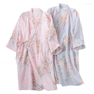 Vêtements de nuit pour femmes printemps été femmes Style Kimono japonais Robe de sommeil Simple confort gaze coton dames élégant imprimé fleuri en vrac