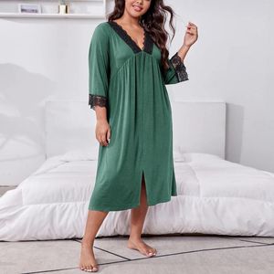 Vêtements de nuit pour femmes printemps femmes chemise de nuit col en V dentelle à manches longues surdimensionnée taille empire robe ample femme maison décontractée