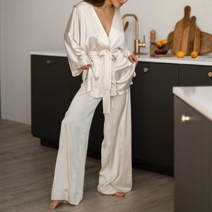 Printemps Femmes Satin Soie Pyjama Ensemble Robes avec Ceinture Col En V Lâche Vêtements De Nuit Pyjamas Chemise De Nuit Femme Loungewear Costume À La Maison 230310