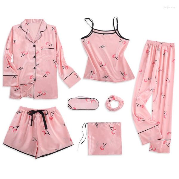 Pijama con tirantes para mujer, 7 piezas, conjunto de Pijama rosa, lencería de seda satinada, conjunto de ropa de casa, Pijama para mujer