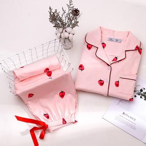 Vêtements de nuit pour femmes fraise imprimé coton pour femmes 2 pièces hiver rose pur pyjamas costume coréen pyjamas Femme mignon Pijama ensemble