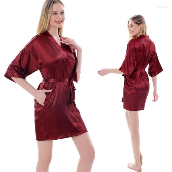 Vêtements de nuit pour femmes, peignoir en Imitation de soie extensible, couleur unie, Sexy, manches cinq-quarts, printemps été