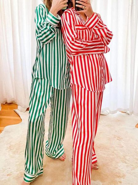 Vêtements de nuit pour femmes Rayé Noël Femmes Pyjamas Ensemble Dentelle Pijama Manches Longues Noël Loungewear Sous-Vêtements Pyjamas 2 Pièces Vêtements De Nuit