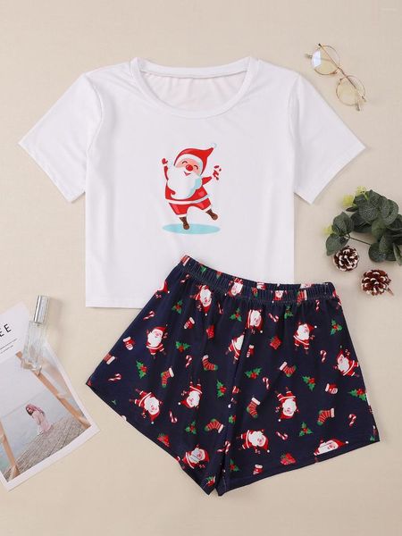 Style de vêtements de nuit pour femmes Père Noël imprimé à manches courtes T-shirts Shorts Pyjama Ensemble Joyeux Noël Casual Home Suit