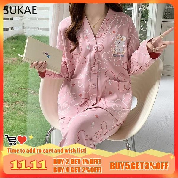 Vêtements de nuit pour femmes Sukae Kimono Femmes Pyjamas Ensemble Faux Coton Printemps Automne Manches Longues Coréen Pour Fille Vêtements De Nuit Cadigan Homsuits