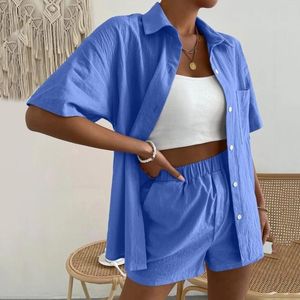 Ropa de dormir para mujer Conjunto de 2 piezas de verano Conjunto de manga corta con un solo pecho Top Pantalones cortos de piernas anchas Pijama Moda para mujer Trajes de casa sólidos sexy