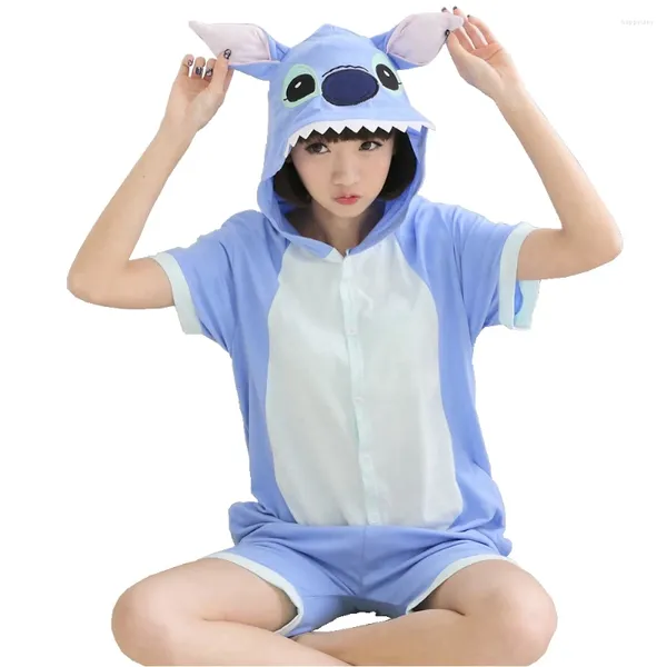 Ropa de dormir para mujer Pijamas de punto de dibujos animados de verano Manga corta con capucha Onesie Algodón Adulto Mujeres Hombres Animal