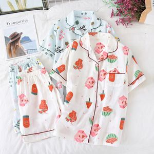 Dames Nachtkleding Zomer Katoen Gaas Pyjama Set Dunne En Losse Top Met Korte Mouwen Met Shorts Zachte Loungewear Voor Thuis Tweedelige Sets