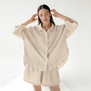 Pyjama d'été en coton et lin pour femmes, ensemble 2 pièces fin avec short, couleur unie, vêtements de maison à simple boutonnage