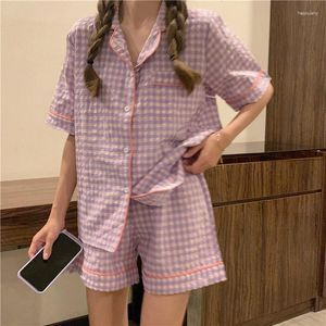 Dames slaapkleding zomer katoenen pyjama's voor vrouwen Koreaanse plaid nachthemd zoete 2-delige set meisjes thuiskleding kawaii losse dames pyjama