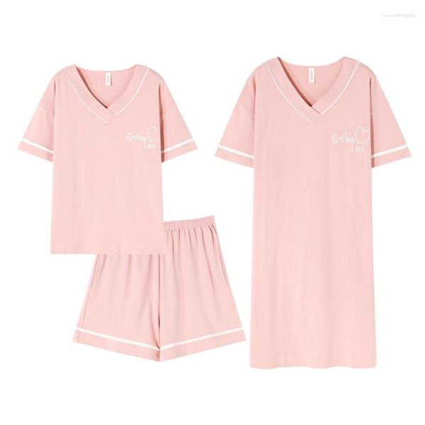 Ropa de dormir para mujer, conjuntos de pijamas de algodón de verano, camisetas de manga corta con cuello de pico para mujer, pantalones, vestido, 3 bonitos estampados, ropa acogedora para el hogar, camisón